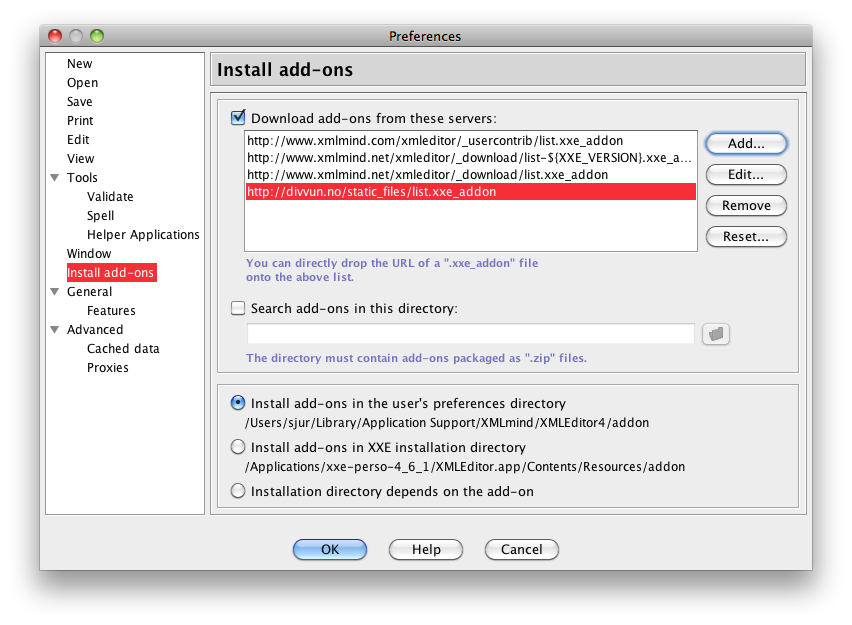 XXE Add-on preferences