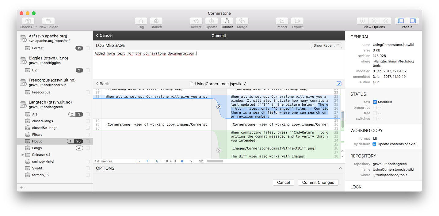 Cornerstone: commit with text diff