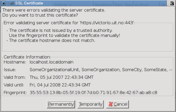 SSL Certificate dialog