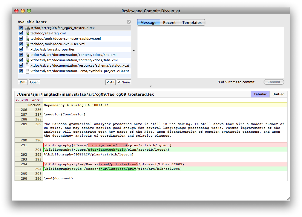 Review and commit, with diff highlighted directly in the commit window.